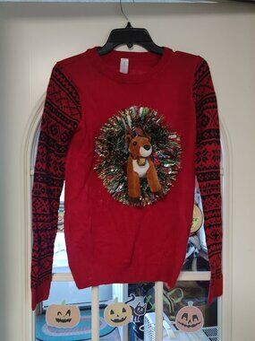 New No Boundaries Red Black Reindeer  Garland Ugly Christmas Sweater Junior M